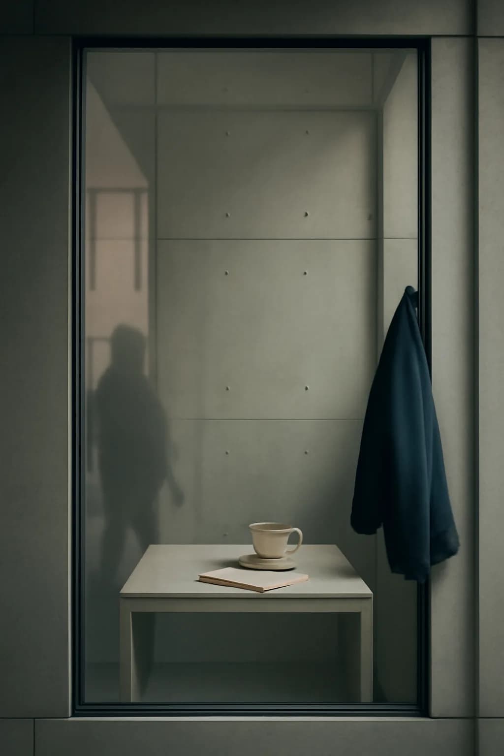 A realistic cafe window at morning rush with layered reflections, coffee cups, pedestrians, and soft street light. clean architectural geometry with one small emotional detail