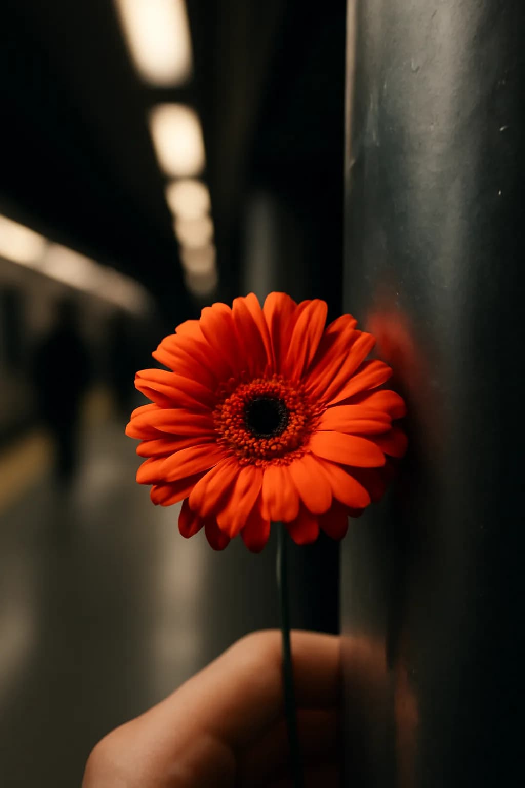 A realistic underground metro platform with a vivid flower installation, moody lighting, and cinematic depth. one memorable object dominates the frame with a clear silhouette and generous negative space