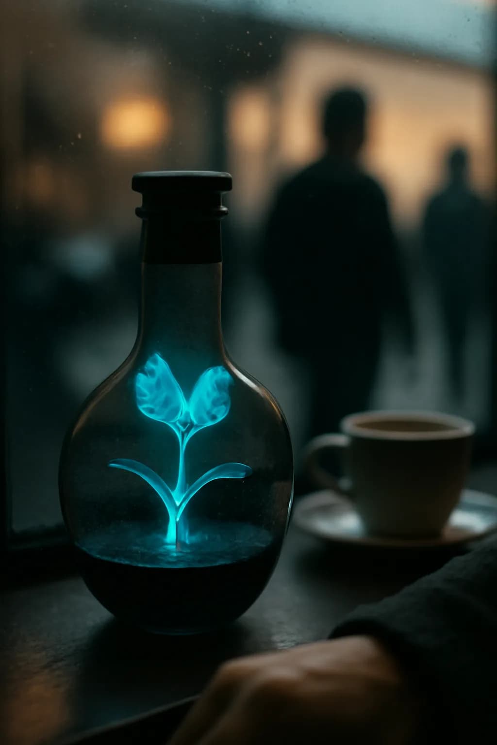 A realistic cafe window at morning rush with layered reflections, coffee cups, pedestrians, and soft street light. one memorable object dominates the frame with a clear silhouette and generous negative space