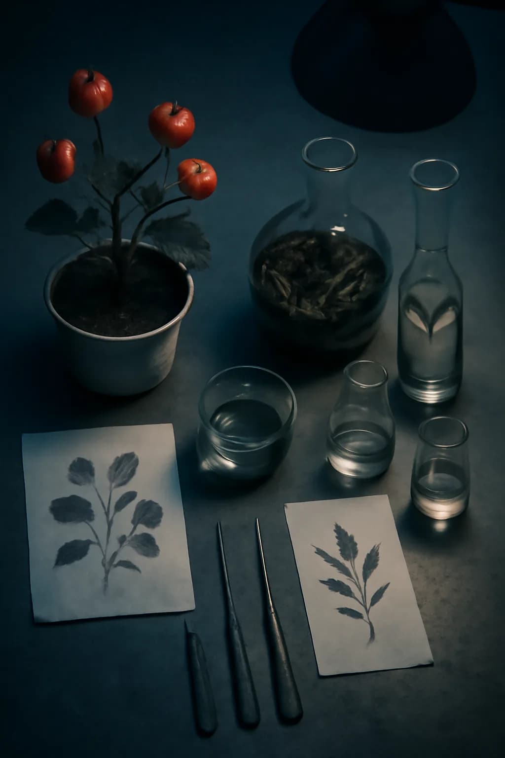 A realistic small workshop at night with warm lamps, precise tools, dust particles, and a cinematic handmade mood. top-down scene arranged like a ritual table, each item instantly readable