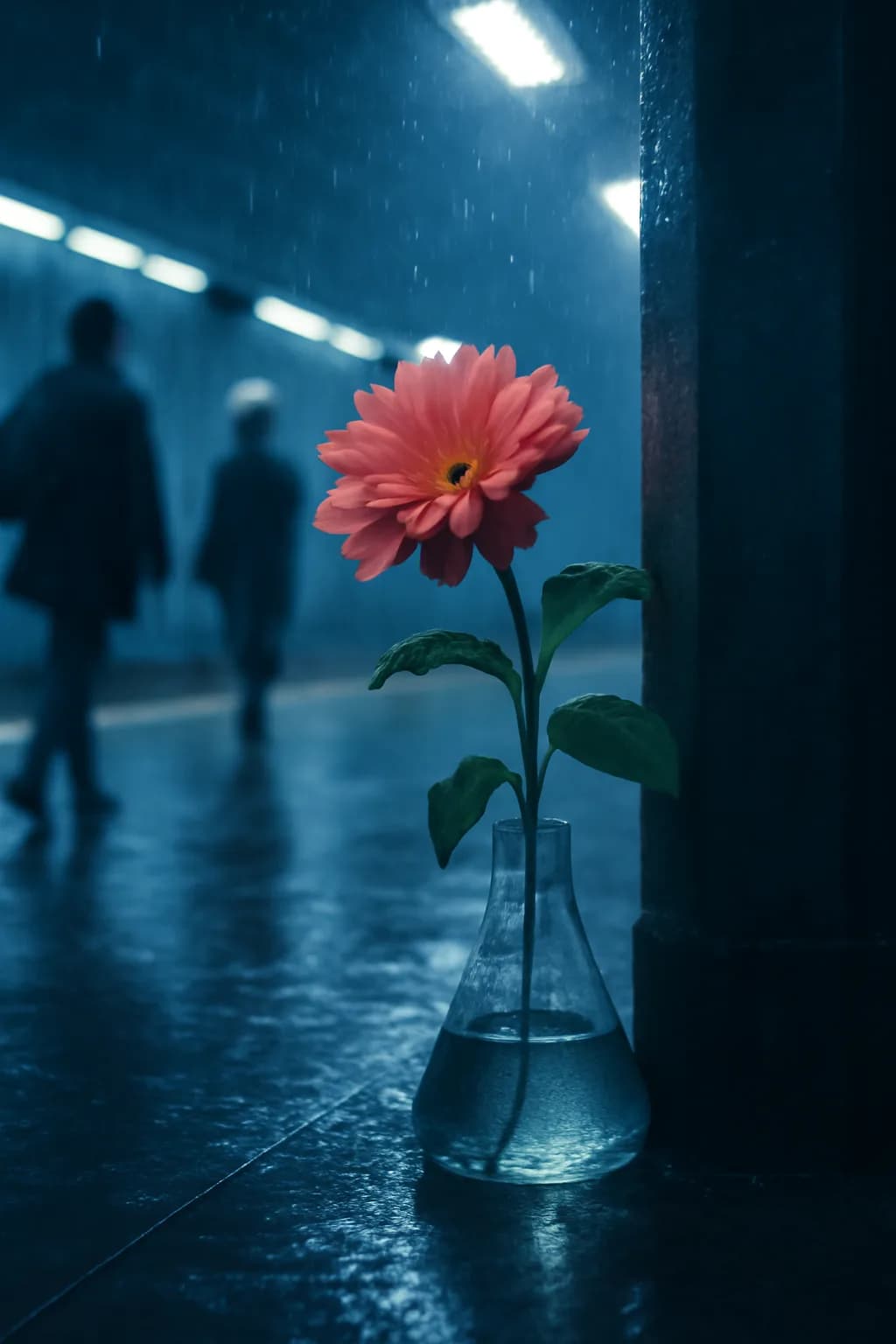 A realistic underground metro platform with a vivid flower installation, moody lighting, and cinematic depth. a normal place interrupted by one precise weather event
