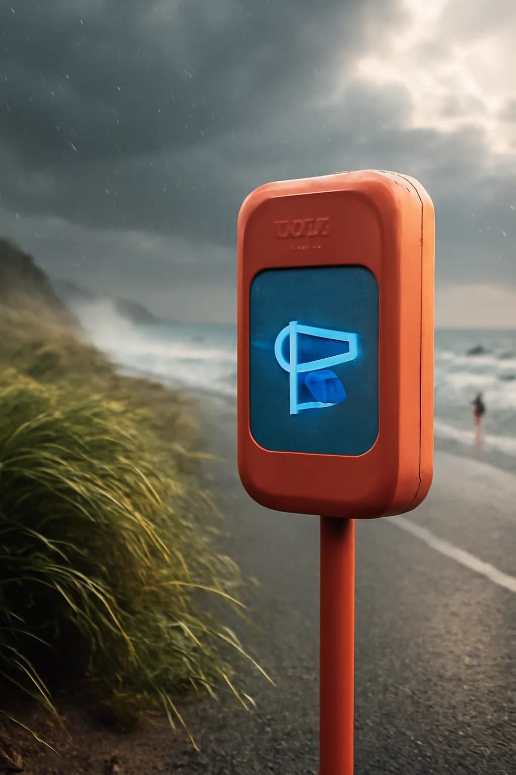 A realistic coastal road with sea spray, wind-shaped grass, dramatic sky, and a clean cinematic composition. a normal place interrupted by one precise weather event