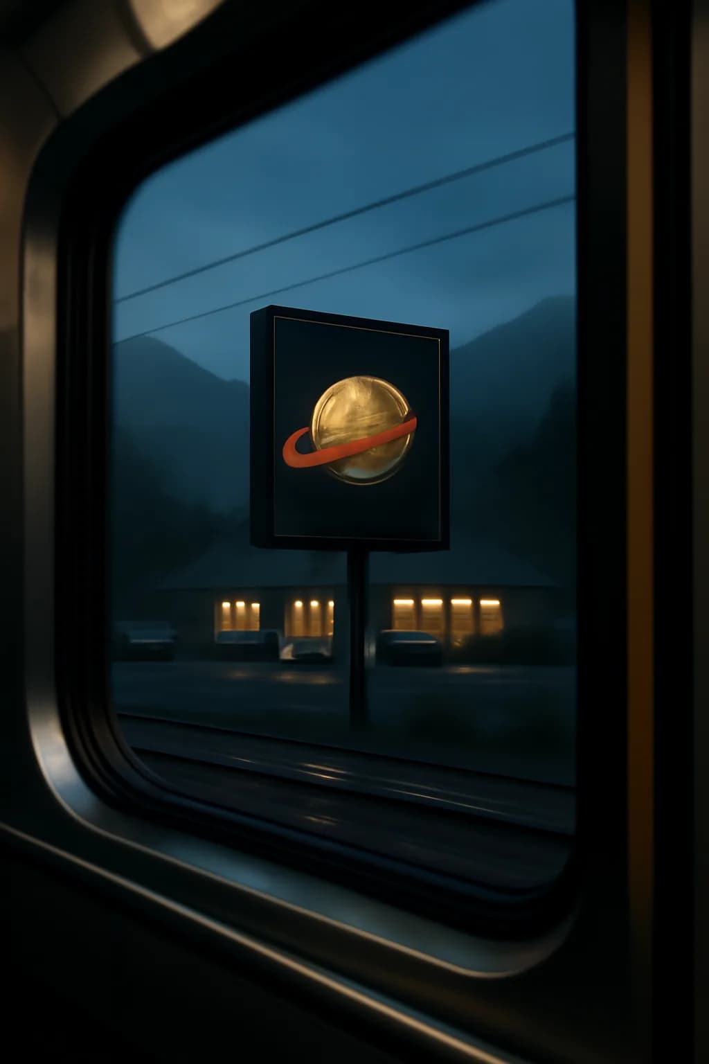 A realistic roadside mountain diner at blue hour with glowing windows, parked cars, mist, and quiet atmosphere. a fast transit-adjacent glimpse with strong leading lines