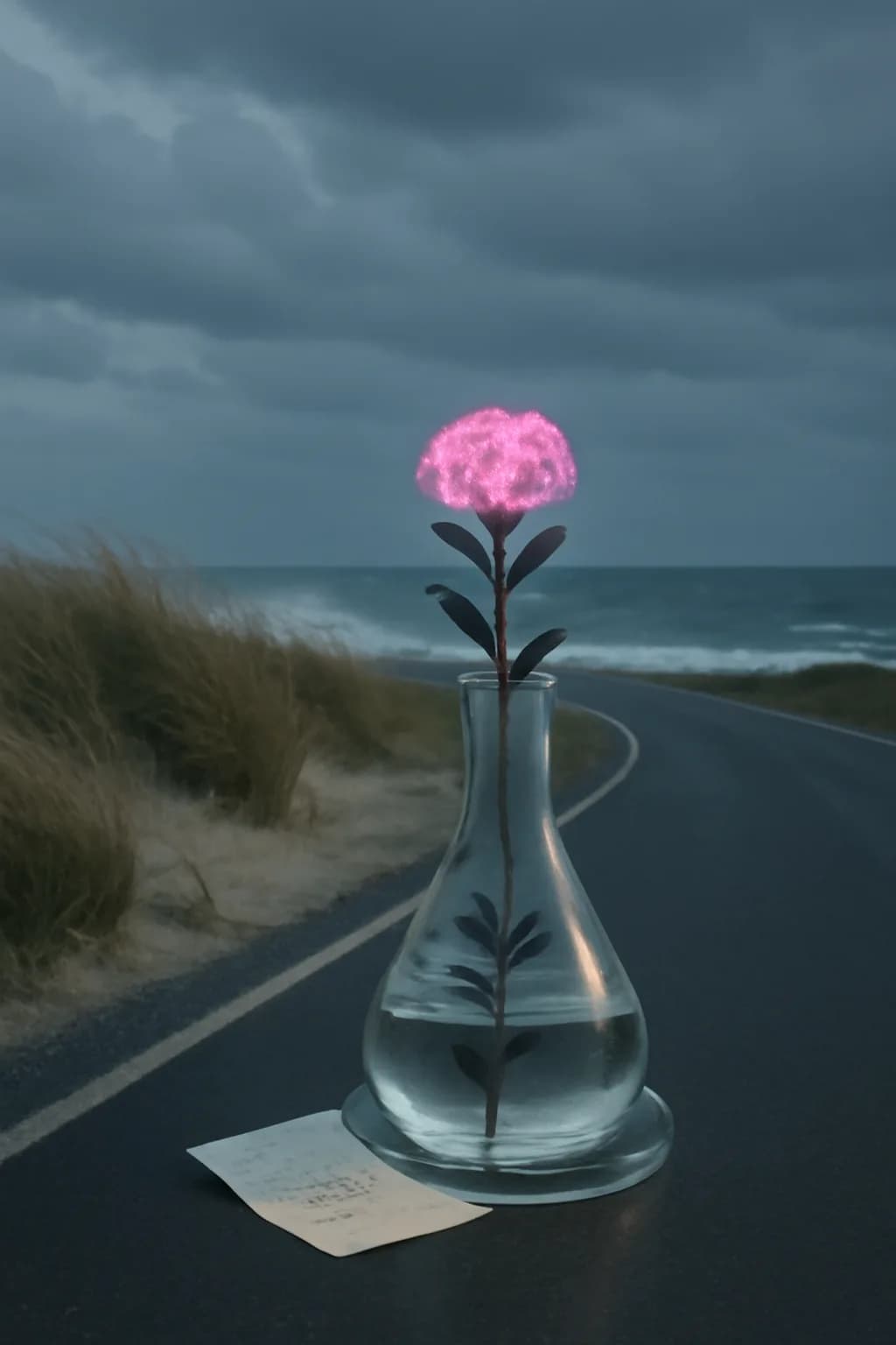 A realistic coastal road with sea spray, wind-shaped grass, dramatic sky, and a clean cinematic composition. one impossible detail inside an otherwise believable everyday scene