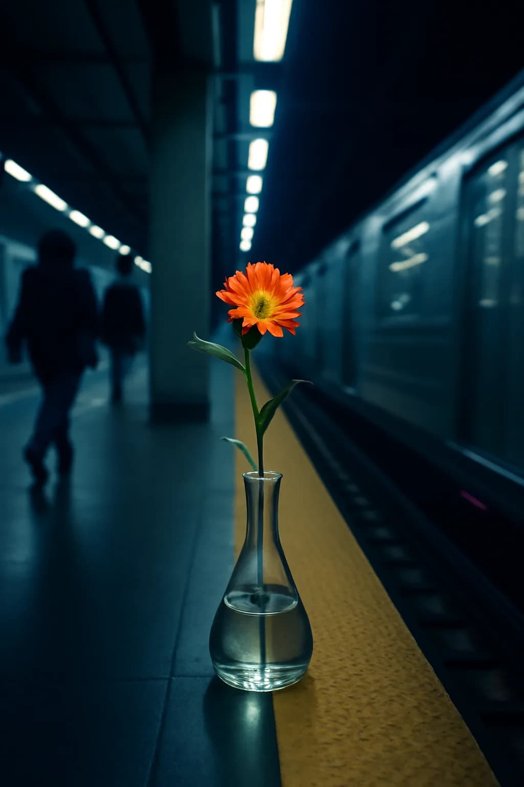 A realistic underground metro platform with a vivid flower installation, moody lighting, and cinematic depth. a fast transit-adjacent glimpse with strong leading lines