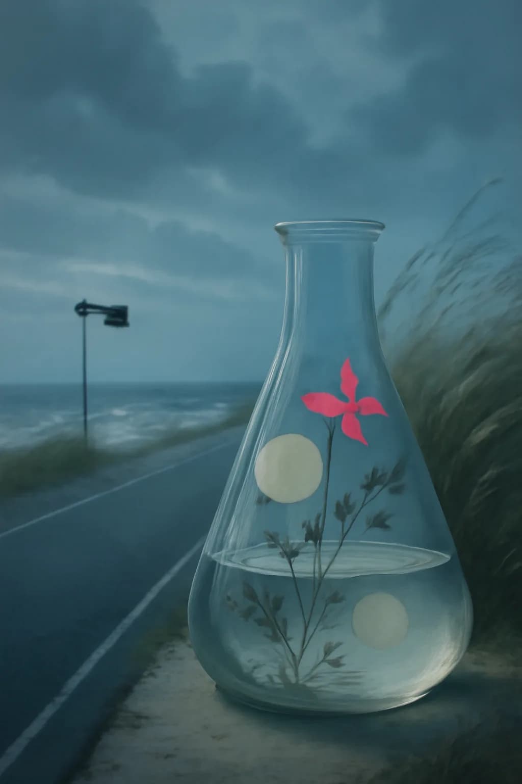 A realistic coastal road with sea spray, wind-shaped grass, dramatic sky, and a clean cinematic composition. one impossible detail inside an otherwise believable everyday scene