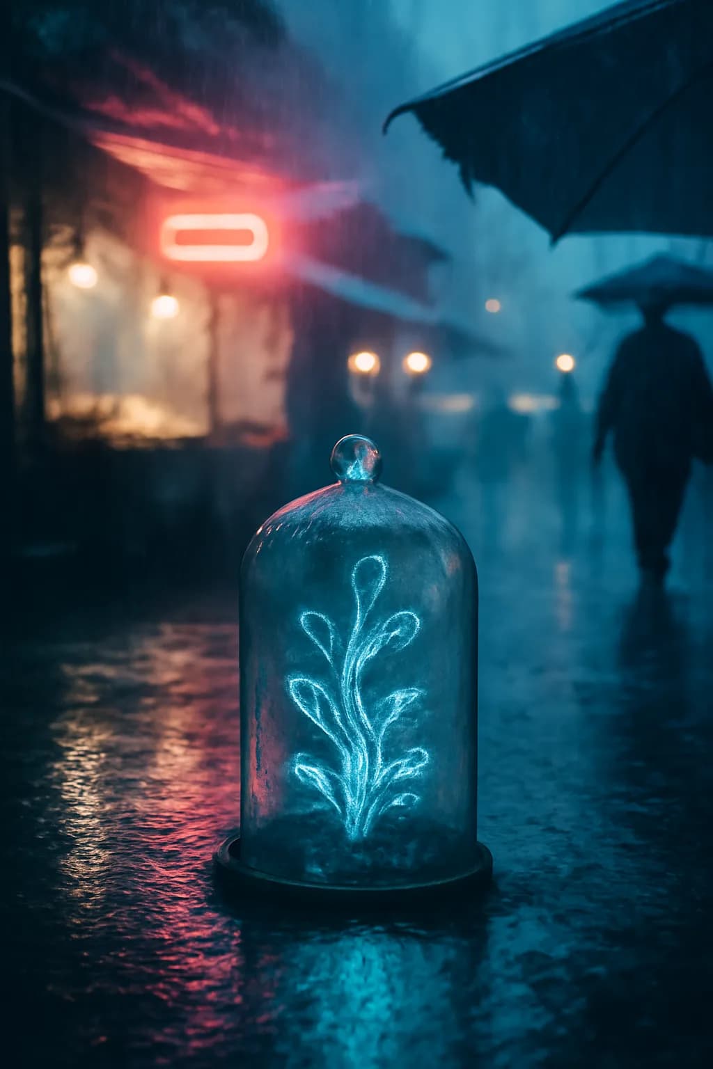 A photorealistic rainy night street market with neon reflections, wet pavement, and a cinematic city glow. a normal place interrupted by one precise weather event