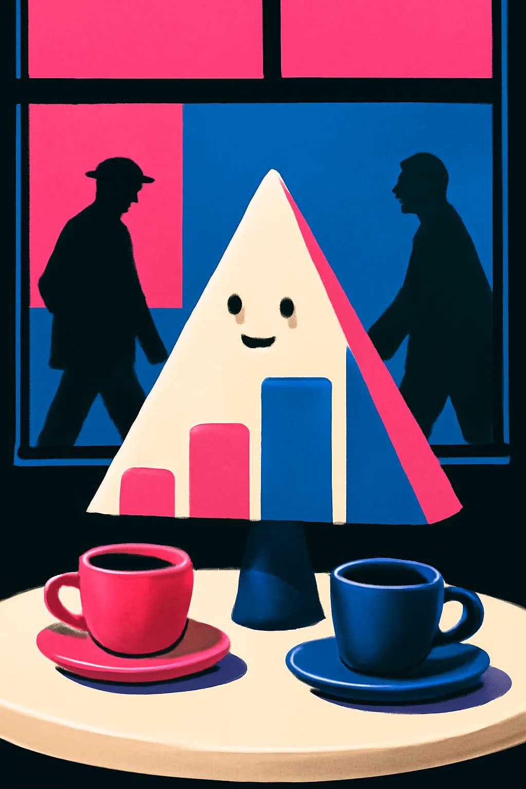 A realistic cafe window at morning rush with layered reflections, coffee cups, pedestrians, and soft street light. bold blocks of color arranged as a readable feed-first scene