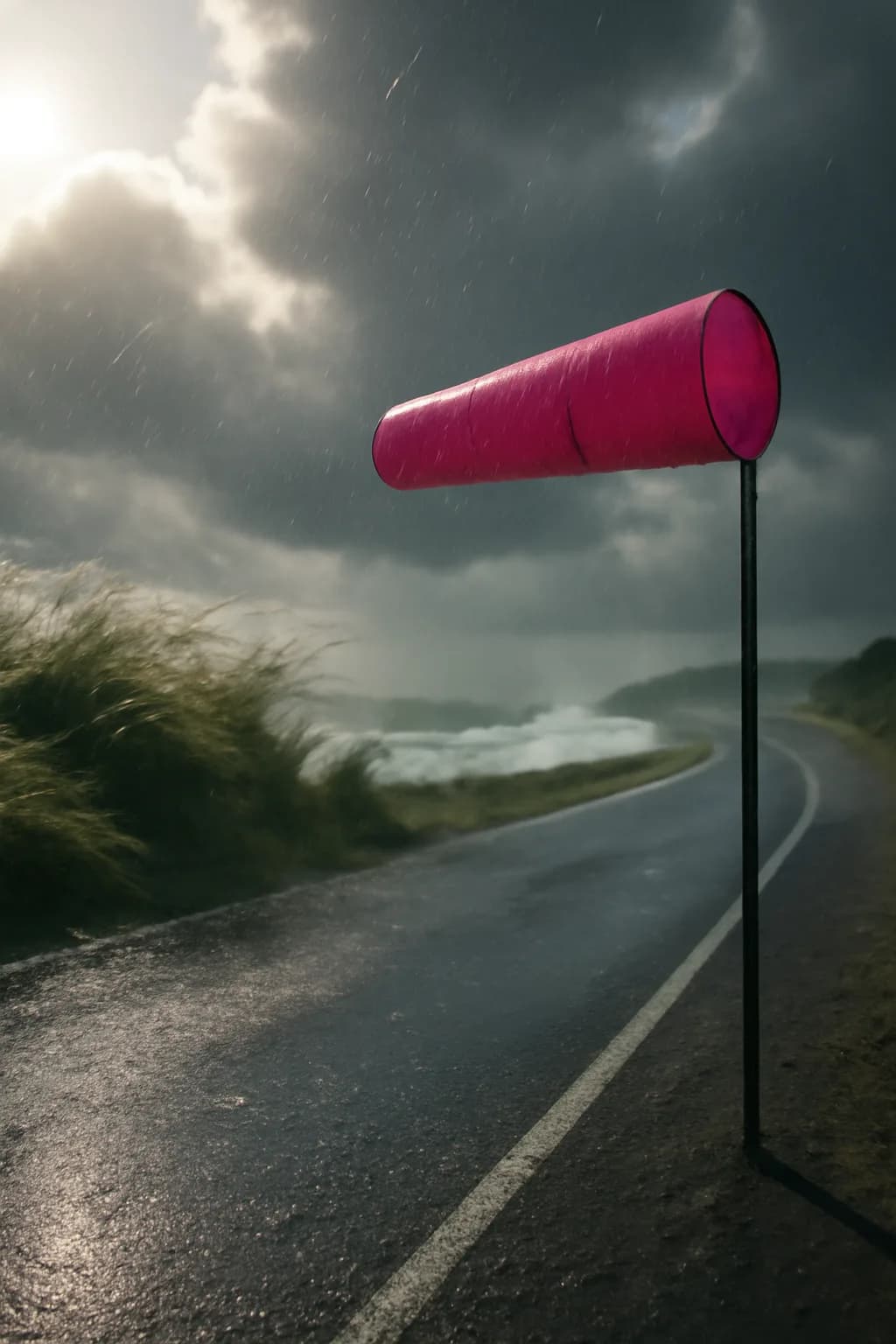 A realistic coastal road with sea spray, wind-shaped grass, dramatic sky, and a clean cinematic composition. a normal place interrupted by one precise weather event
