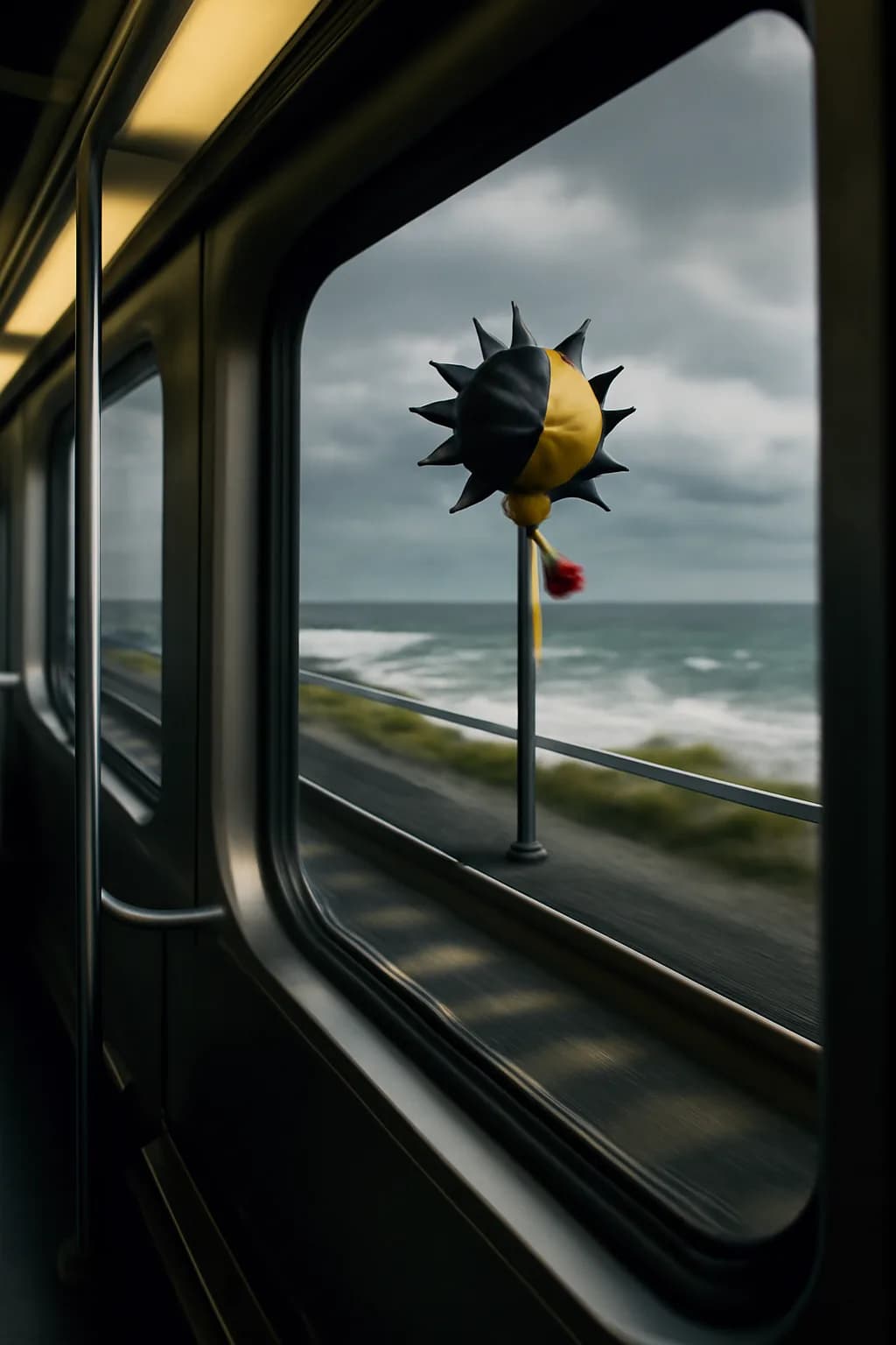 A realistic coastal road with sea spray, wind-shaped grass, dramatic sky, and a clean cinematic composition. a fast transit-adjacent glimpse with strong leading lines