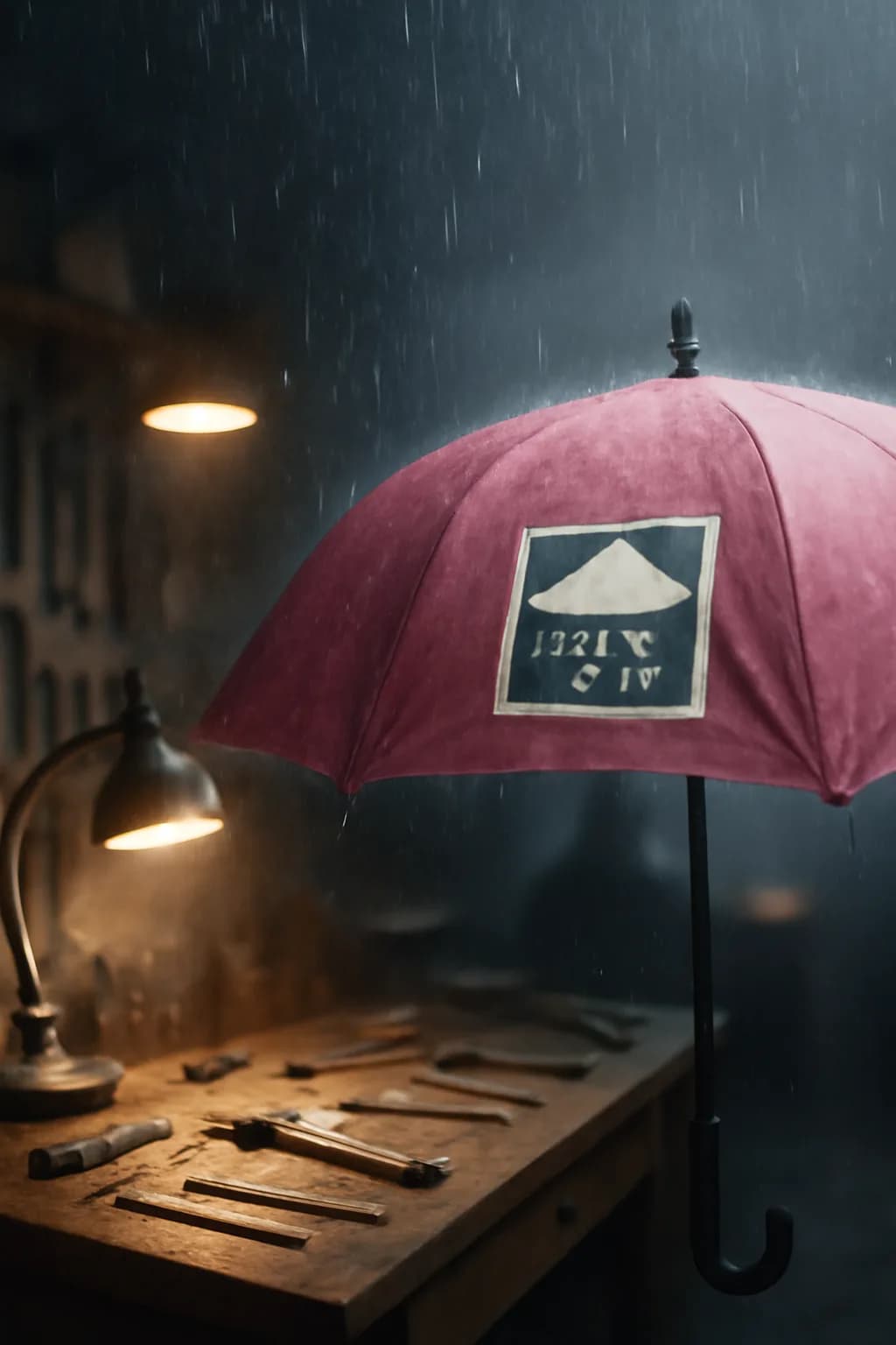 A realistic small workshop at night with warm lamps, precise tools, dust particles, and a cinematic handmade mood. a normal place interrupted by one precise weather event