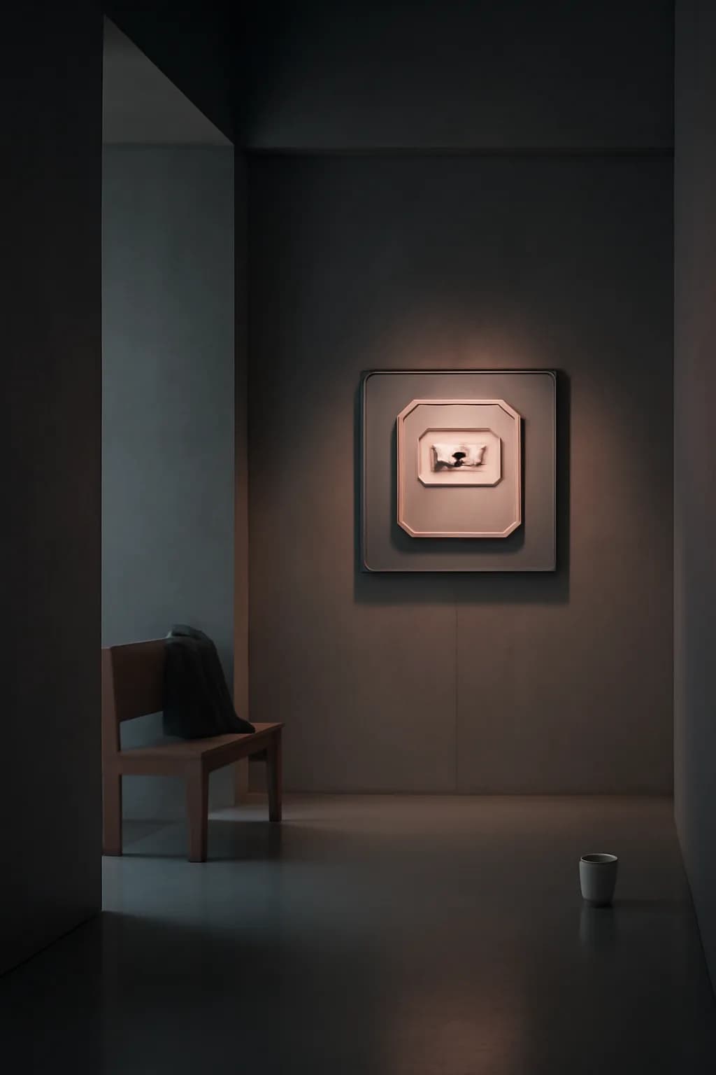 A realistic small workshop at night with warm lamps, precise tools, dust particles, and a cinematic handmade mood. clean architectural geometry with one small emotional detail