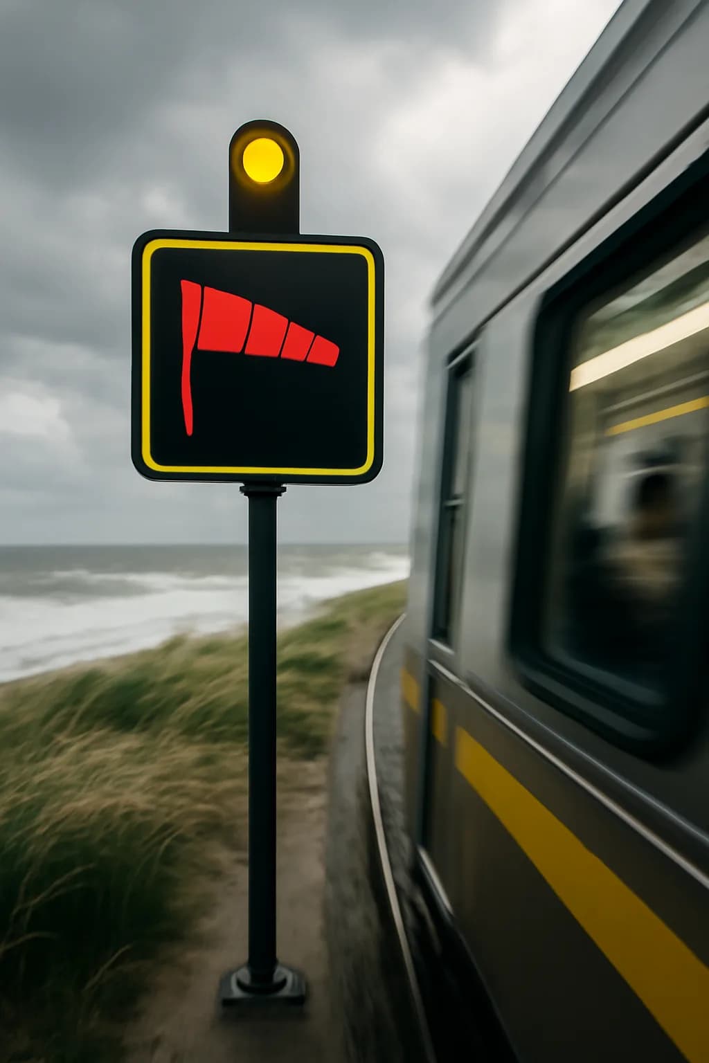 A realistic coastal road with sea spray, wind-shaped grass, dramatic sky, and a clean cinematic composition. a fast transit-adjacent glimpse with strong leading lines
