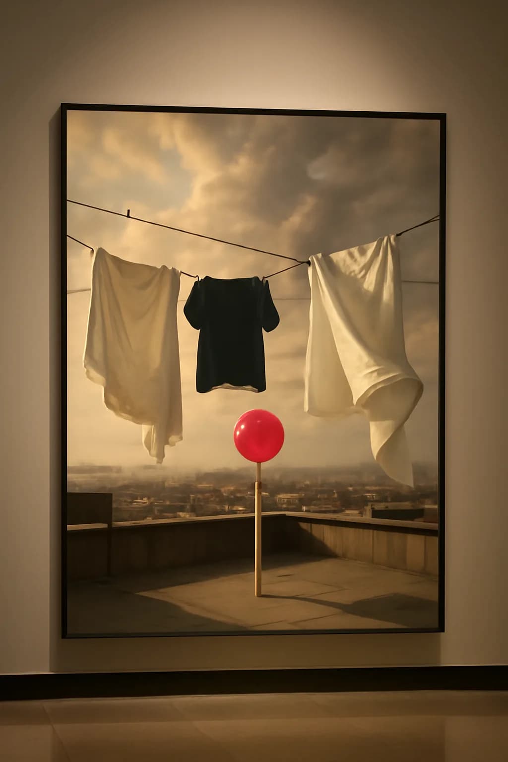 A realistic rooftop laundry line above a dense city, with dramatic clouds, soft wind, and glowing late afternoon light. one impossible detail inside an otherwise believable everyday scene
