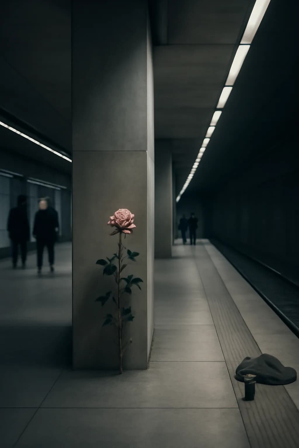 A realistic underground metro platform with a vivid flower installation, moody lighting, and cinematic depth. clean architectural geometry with one small emotional detail