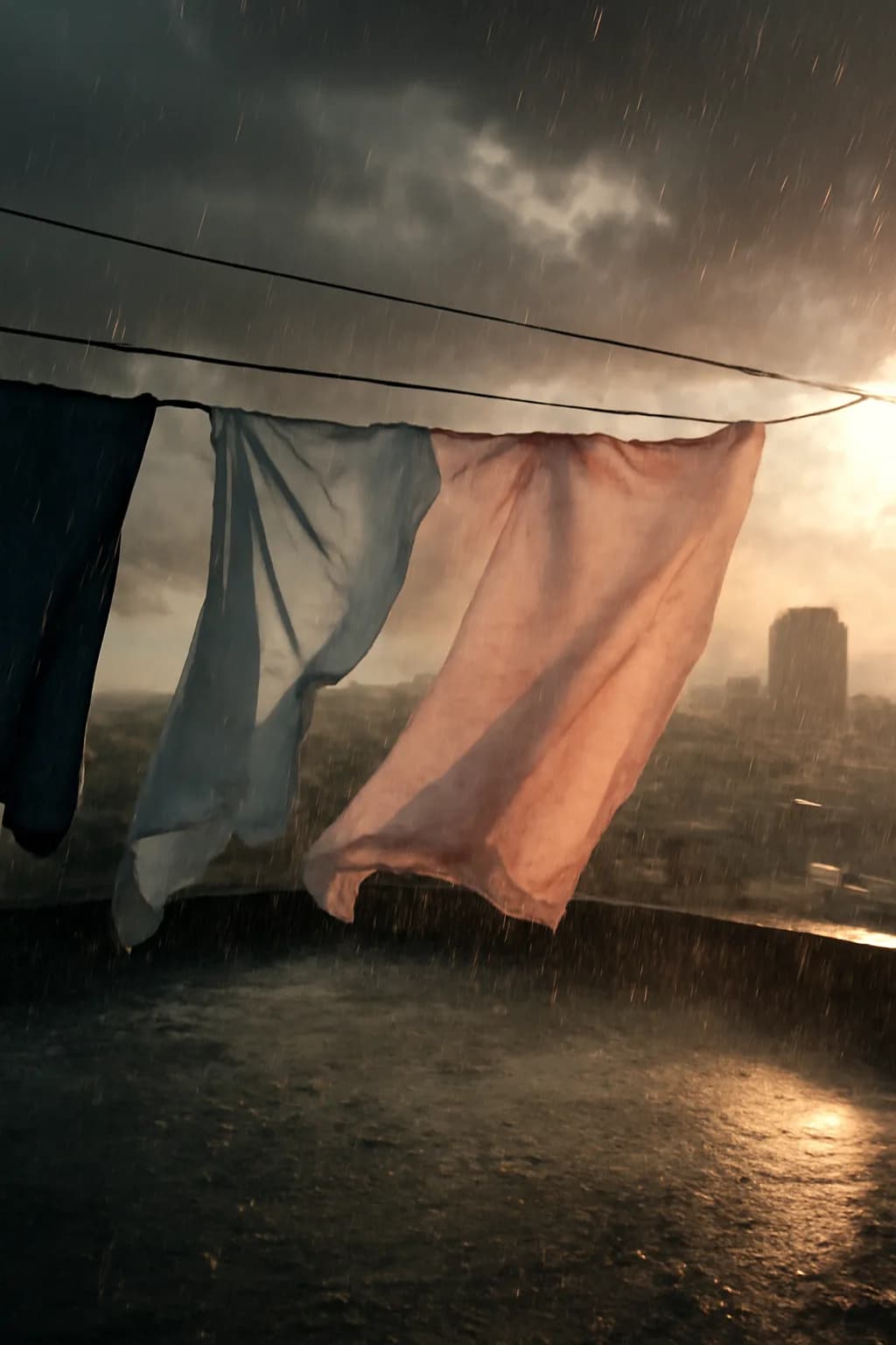 A realistic rooftop laundry line above a dense city, with dramatic clouds, soft wind, and glowing late afternoon light. a normal place interrupted by one precise weather event