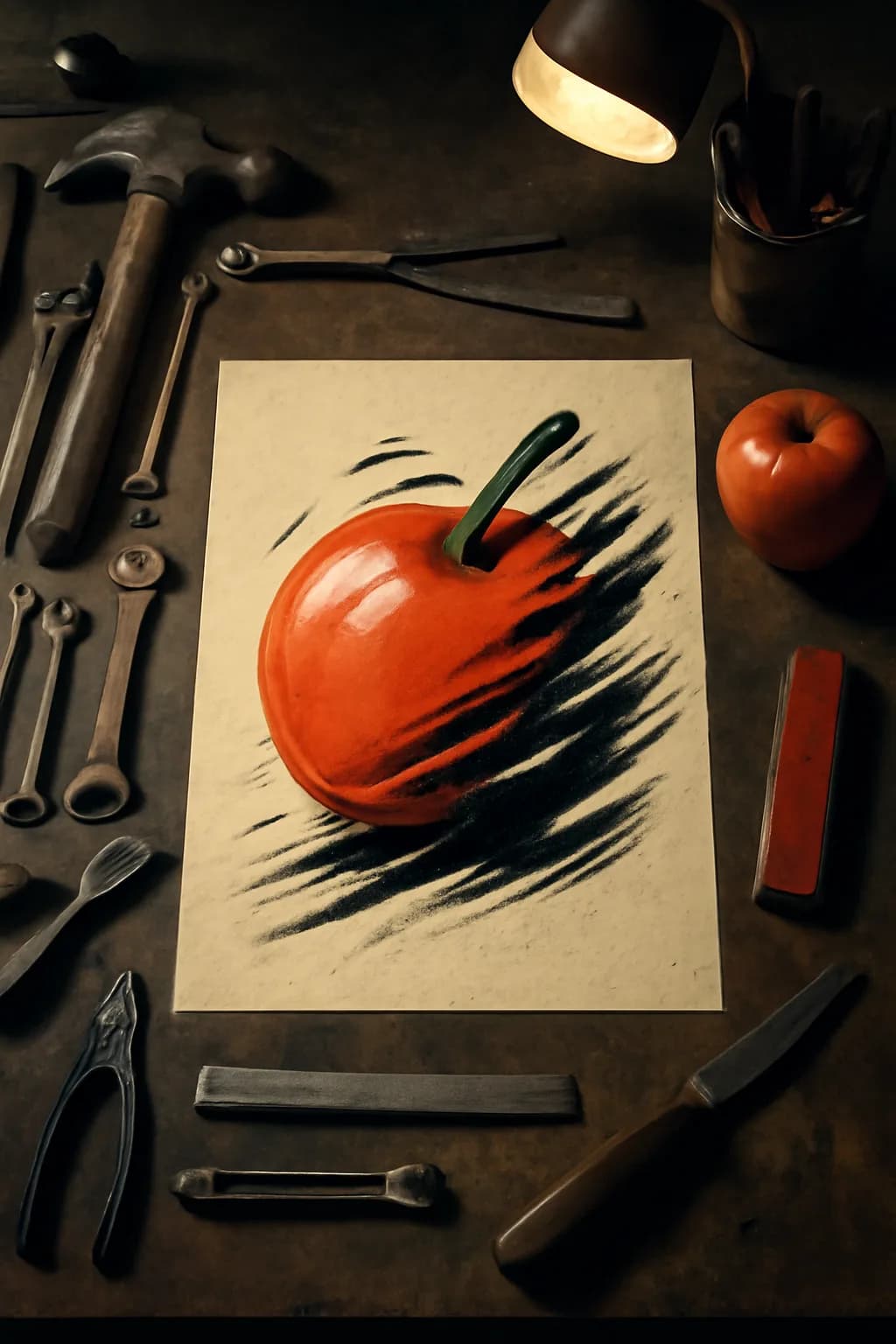 A realistic small workshop at night with warm lamps, precise tools, dust particles, and a cinematic handmade mood. top-down scene arranged like a ritual table, each item instantly readable