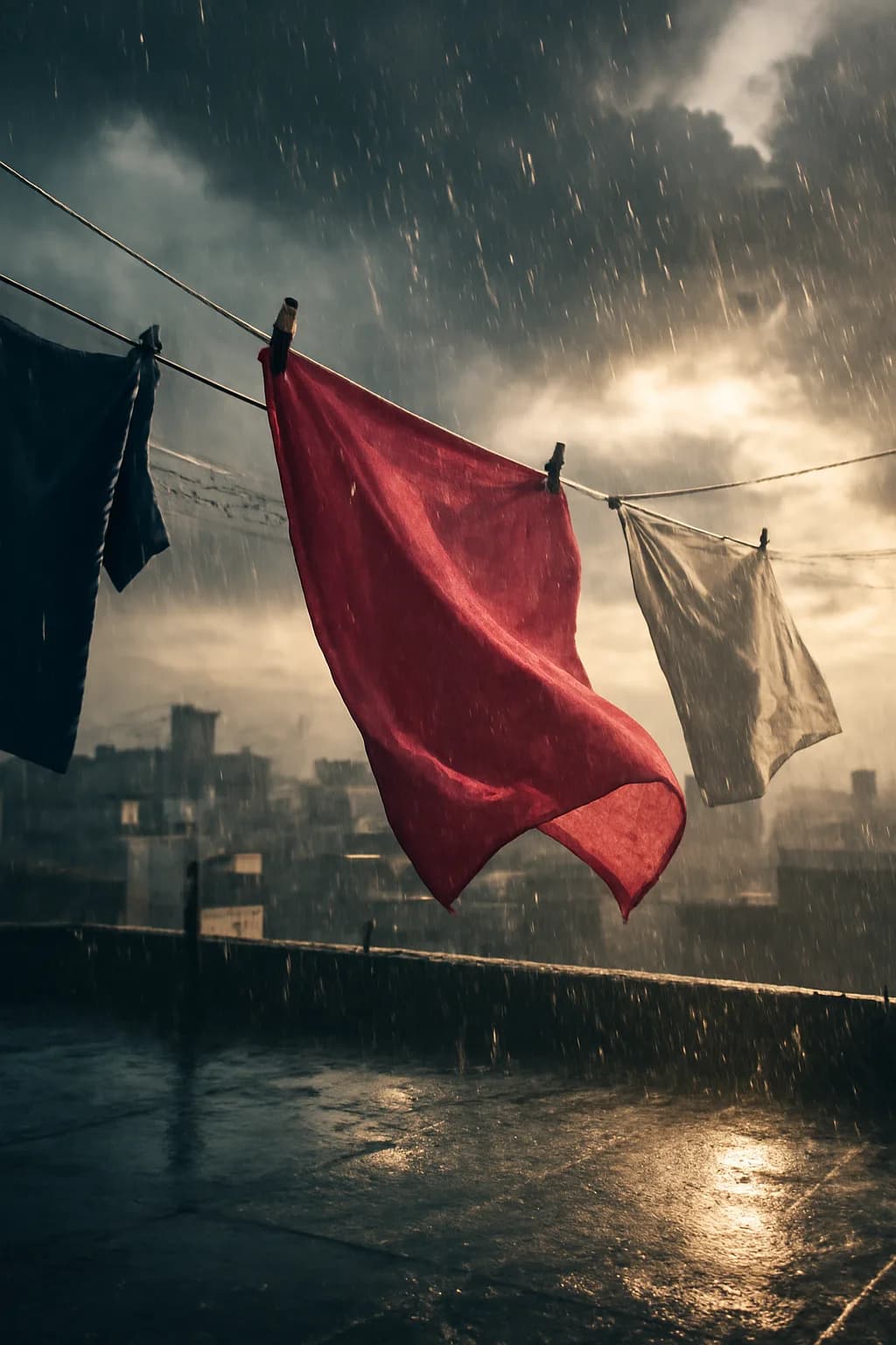 A realistic rooftop laundry line above a dense city, with dramatic clouds, soft wind, and glowing late afternoon light. a normal place interrupted by one precise weather event