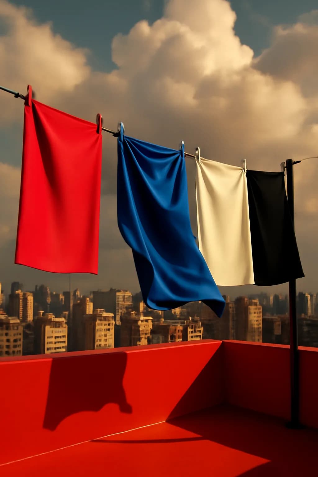 A realistic rooftop laundry line above a dense city, with dramatic clouds, soft wind, and glowing late afternoon light. bold blocks of color arranged as a readable feed-first scene