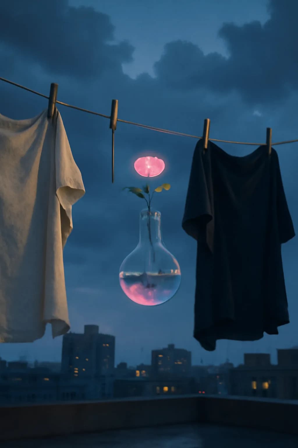A realistic rooftop laundry line above a dense city, with dramatic clouds, soft wind, and glowing late afternoon light. one impossible detail inside an otherwise believable everyday scene