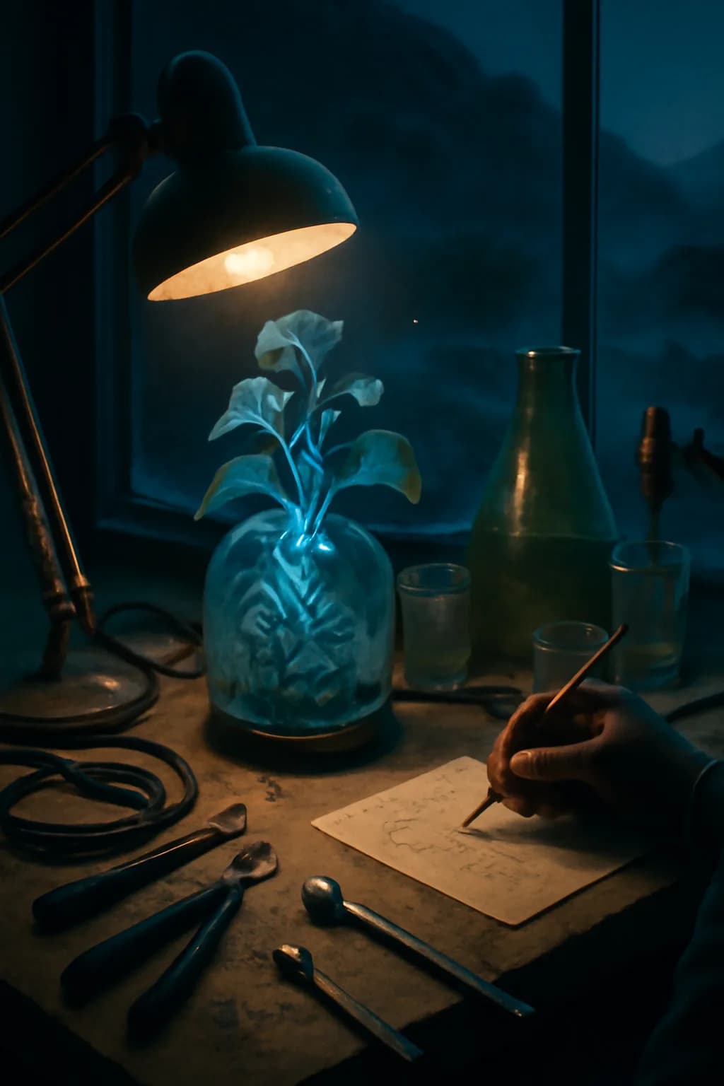 A realistic glass transit station in a desert at sunrise with warm light, long shadows, and a quiet futuristic mood. tight workspace scene with tools or components forming a visual rhythm