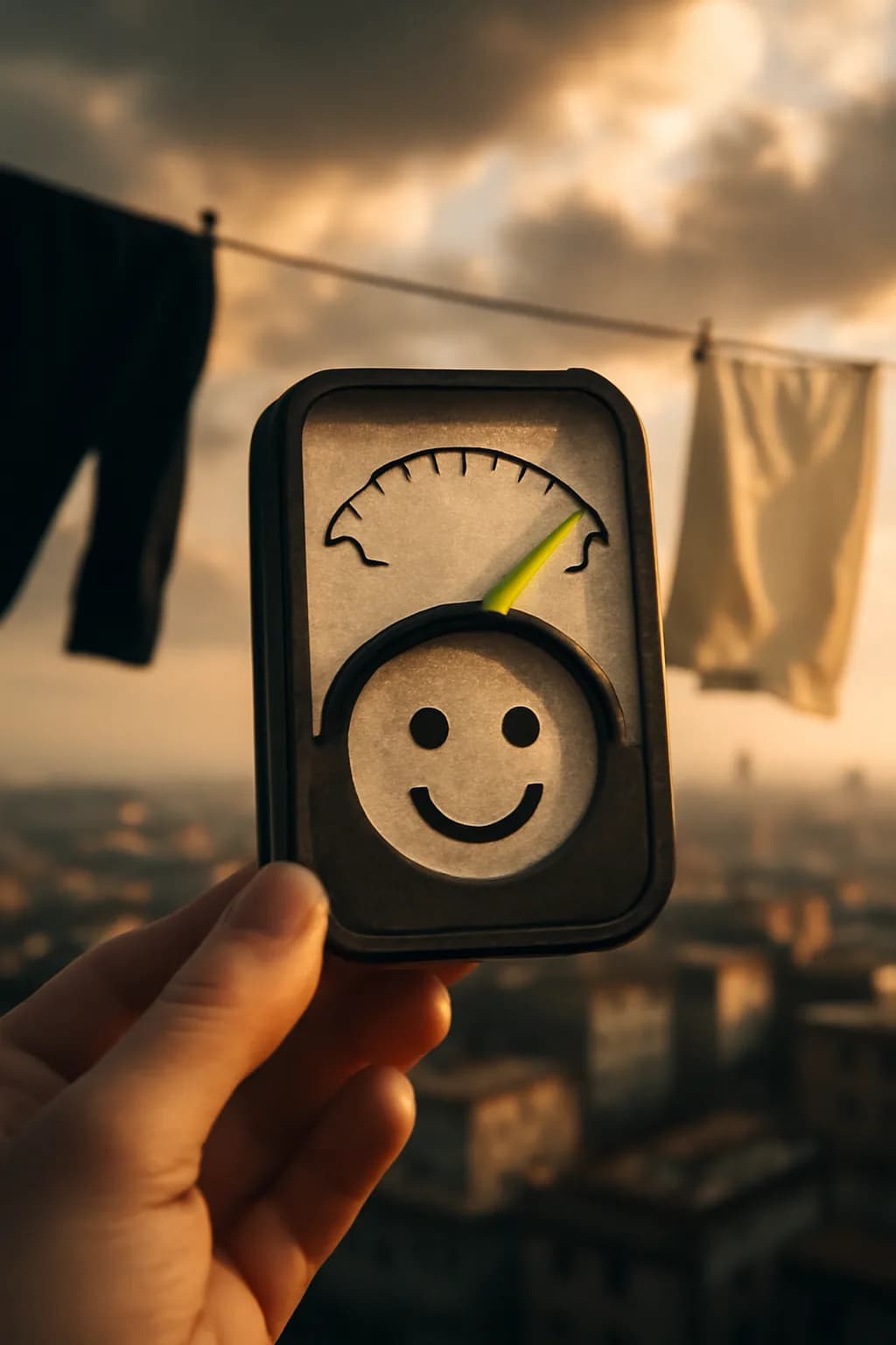 A realistic rooftop laundry line above a dense city, with dramatic clouds, soft wind, and glowing late afternoon light. one memorable object dominates the frame with a clear silhouette and generous negative space
