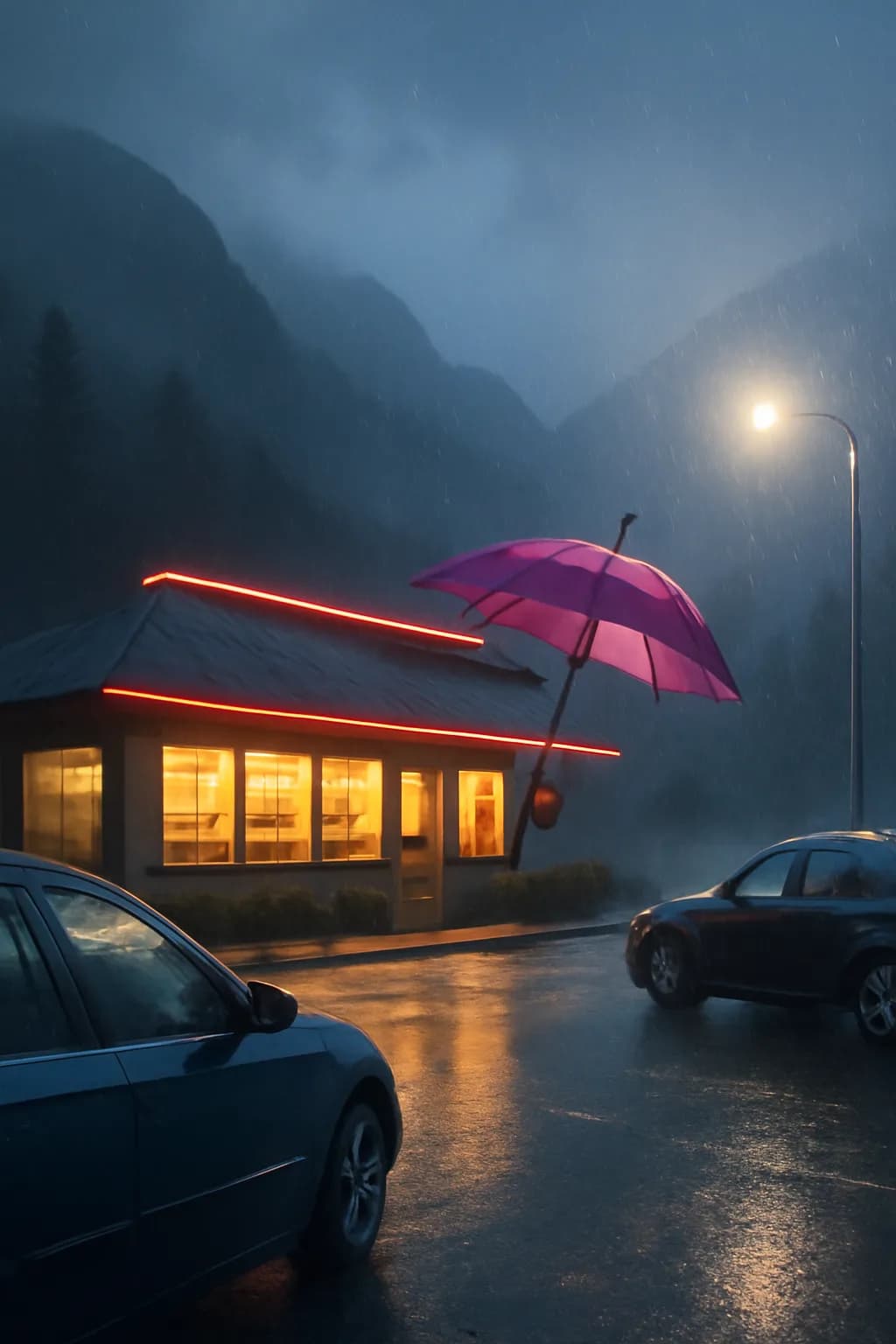 A realistic roadside mountain diner at blue hour with glowing windows, parked cars, mist, and quiet atmosphere. a normal place interrupted by one precise weather event