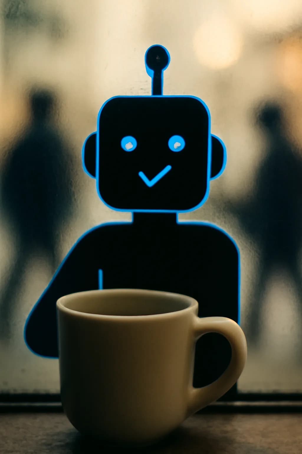 A realistic cafe window at morning rush with layered reflections, coffee cups, pedestrians, and soft street light. one memorable object dominates the frame with a clear silhouette and generous negative space