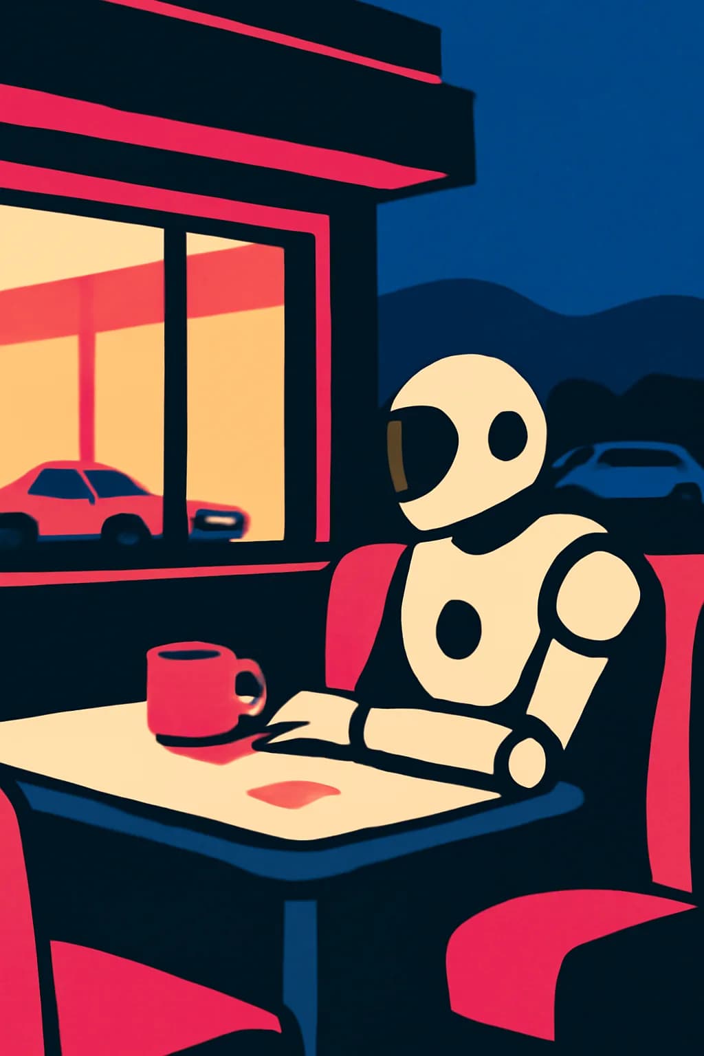 A realistic roadside mountain diner at blue hour with glowing windows, parked cars, mist, and quiet atmosphere. bold blocks of color arranged as a readable feed-first scene