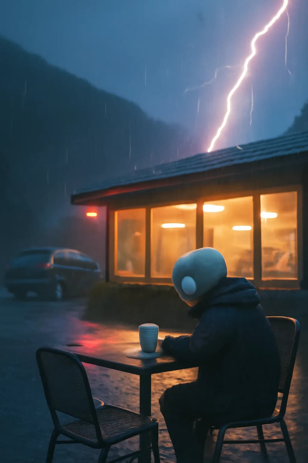 A realistic roadside mountain diner at blue hour with glowing windows, parked cars, mist, and quiet atmosphere. a normal place interrupted by one precise weather event