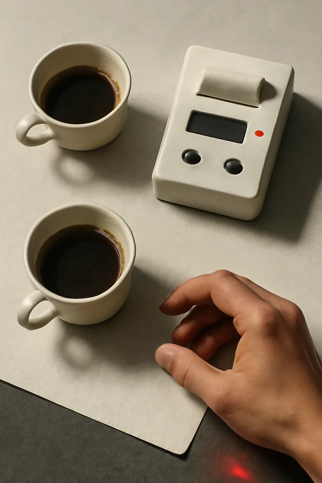 A realistic cafe window at morning rush with layered reflections, coffee cups, pedestrians, and soft street light. top-down scene arranged like a ritual table, each item instantly readable