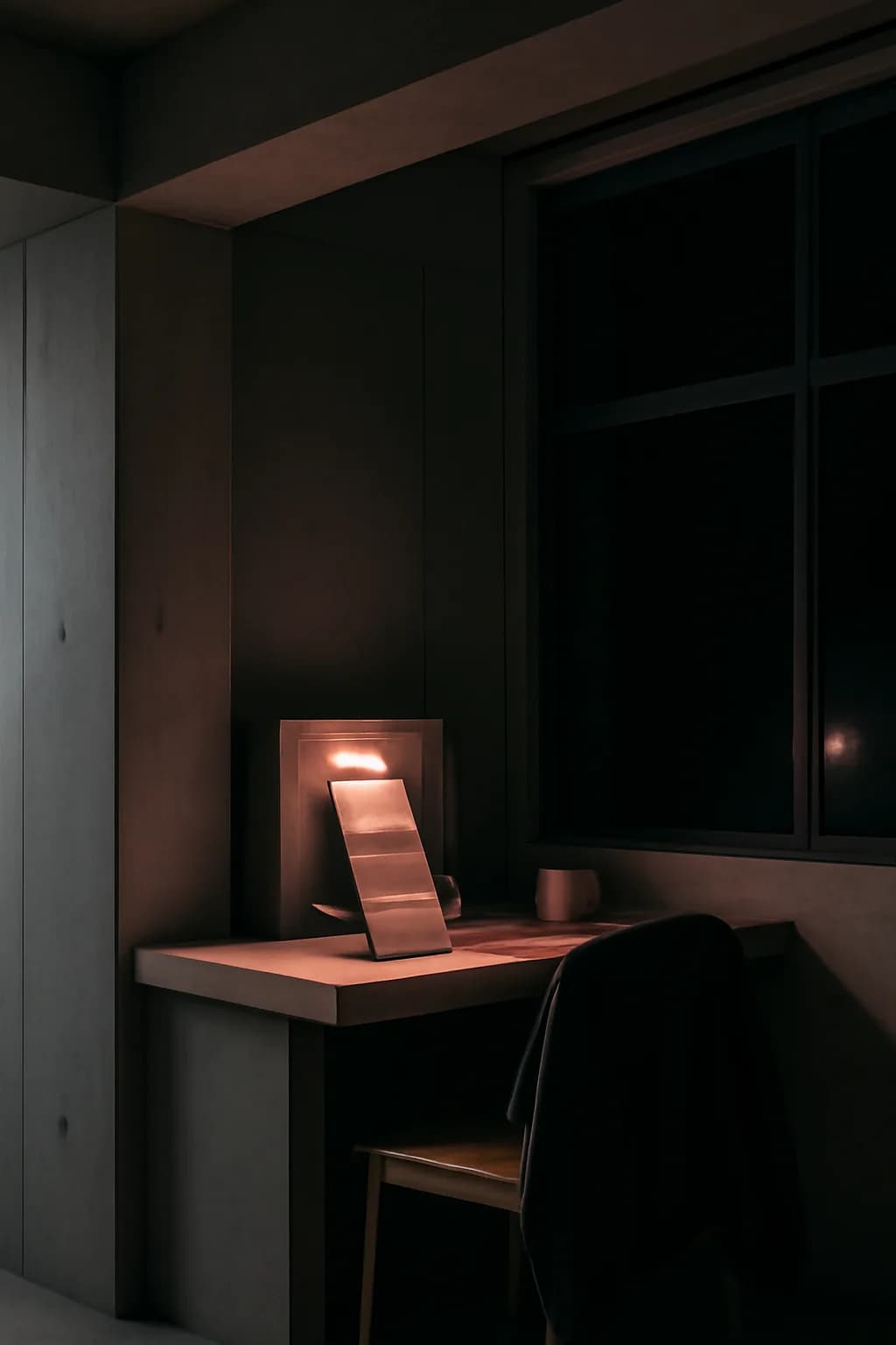 A realistic small workshop at night with warm lamps, precise tools, dust particles, and a cinematic handmade mood. clean architectural geometry with one small emotional detail