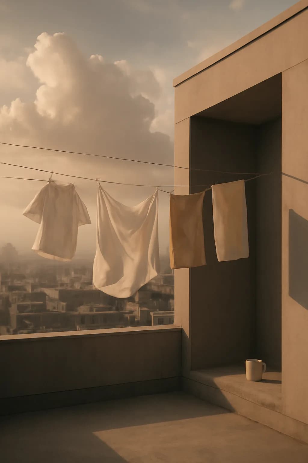 A realistic rooftop laundry line above a dense city, with dramatic clouds, soft wind, and glowing late afternoon light. clean architectural geometry with one small emotional detail