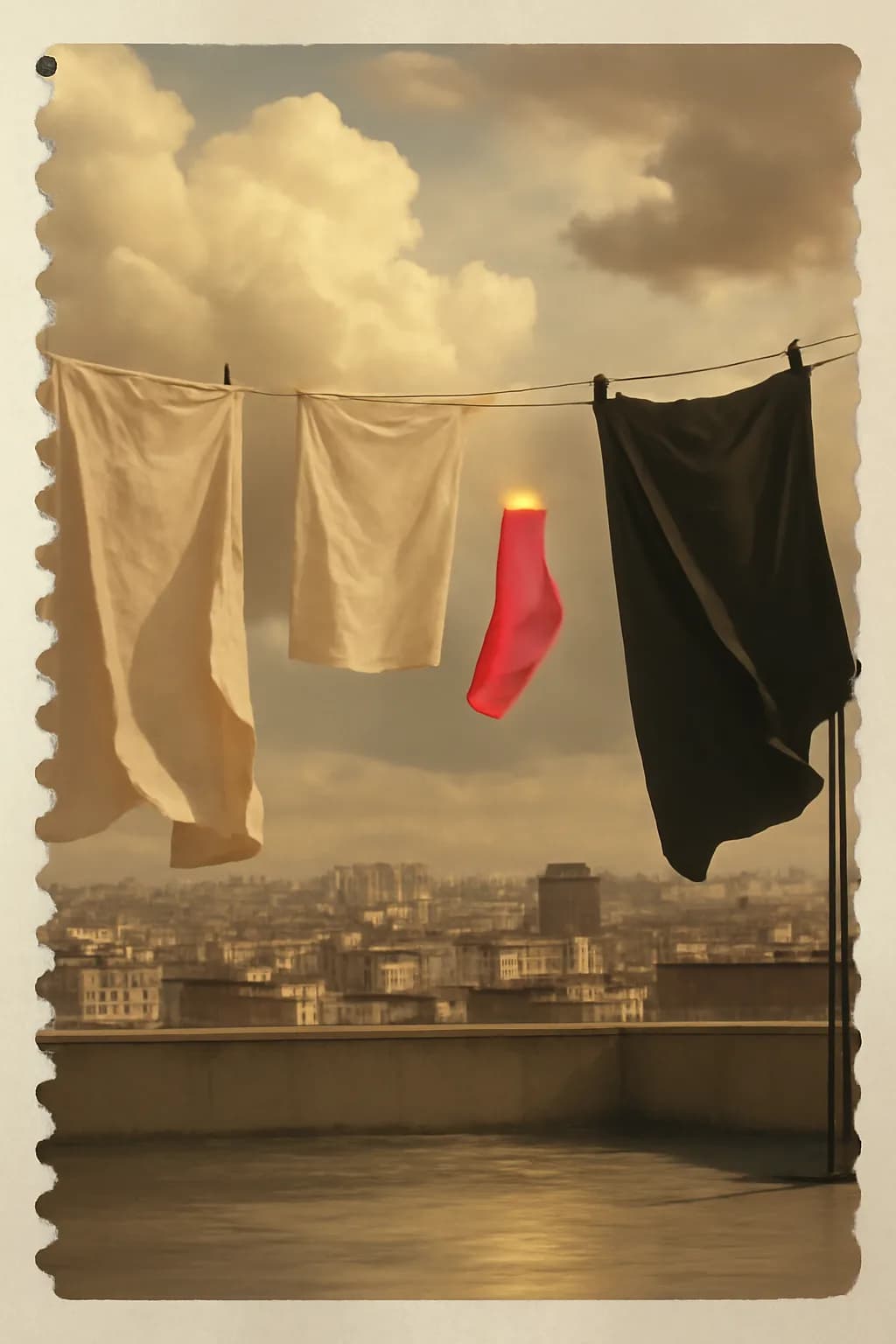A realistic rooftop laundry line above a dense city, with dramatic clouds, soft wind, and glowing late afternoon light. one impossible detail inside an otherwise believable everyday scene