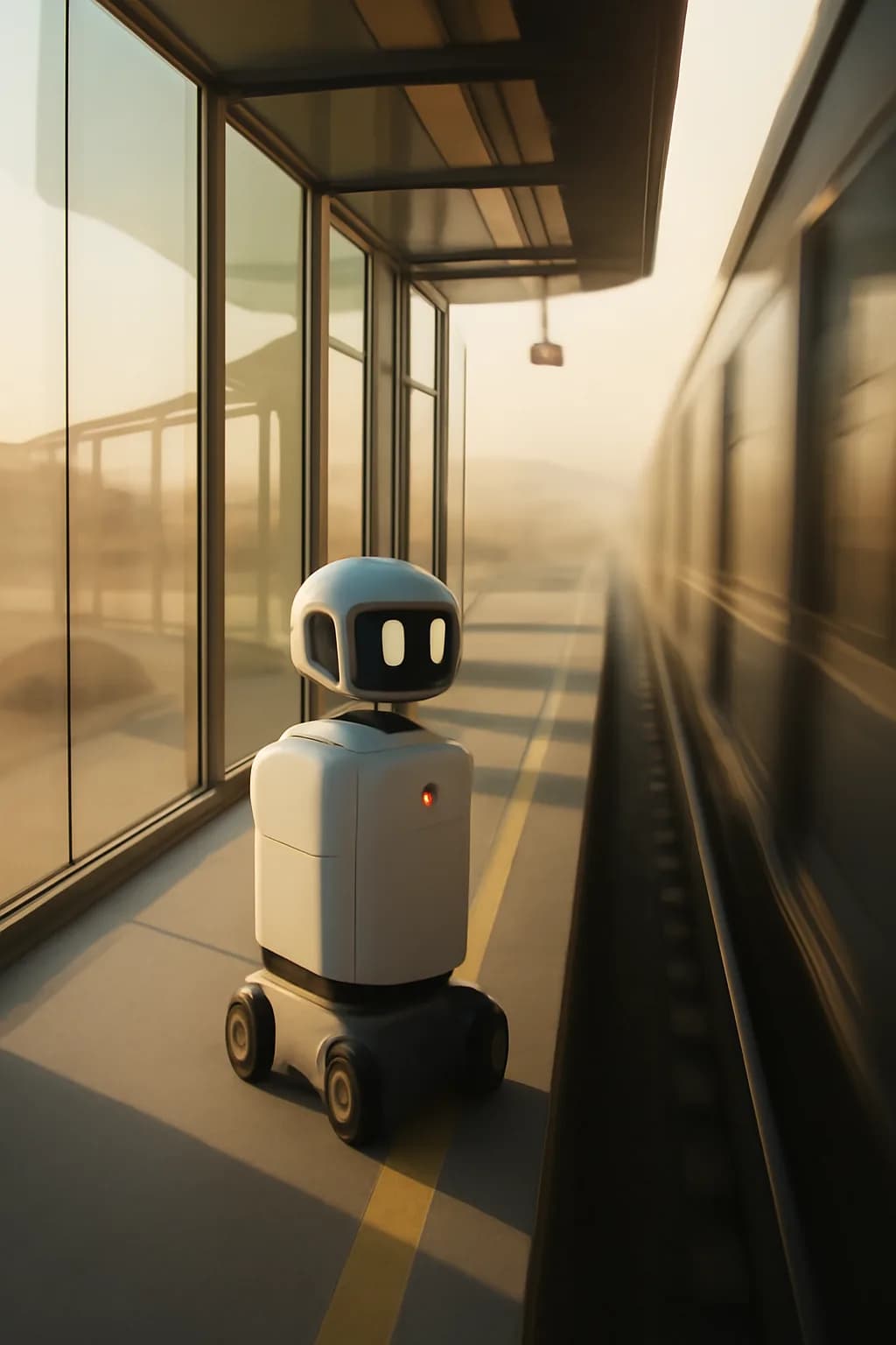 A realistic glass transit station in a desert at sunrise with warm light, long shadows, and a quiet futuristic mood. a fast transit-adjacent glimpse with strong leading lines
