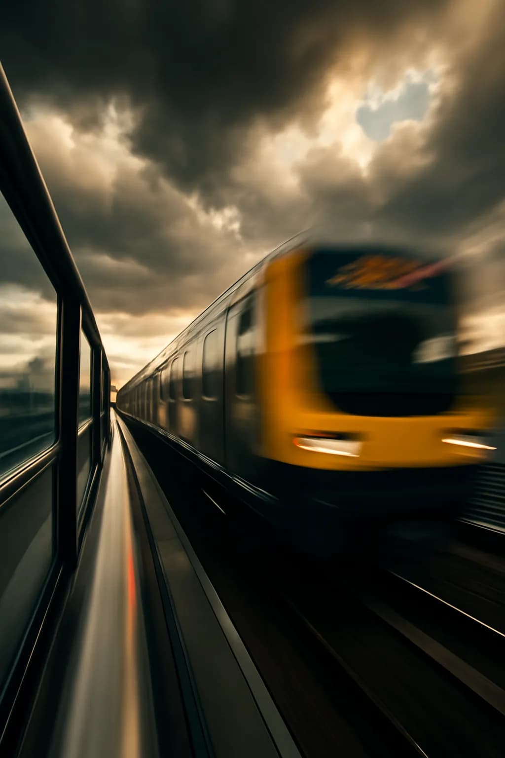 A realistic rooftop laundry line above a dense city, with dramatic clouds, soft wind, and glowing late afternoon light. a fast transit-adjacent glimpse with strong leading lines