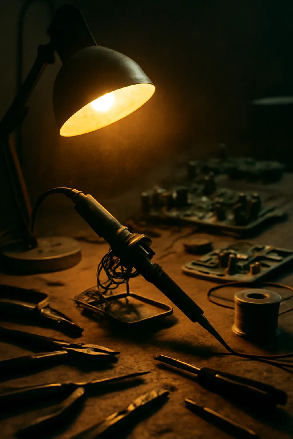 A realistic glass transit station in a desert at sunrise with warm light, long shadows, and a quiet futuristic mood. tight workspace scene with tools or components forming a visual rhythm