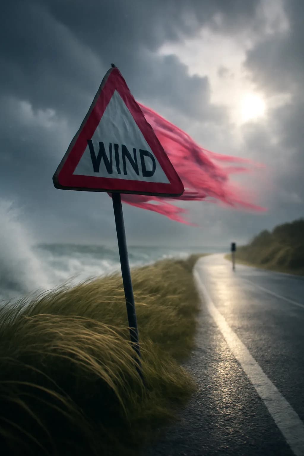 A realistic coastal road with sea spray, wind-shaped grass, dramatic sky, and a clean cinematic composition. a normal place interrupted by one precise weather event