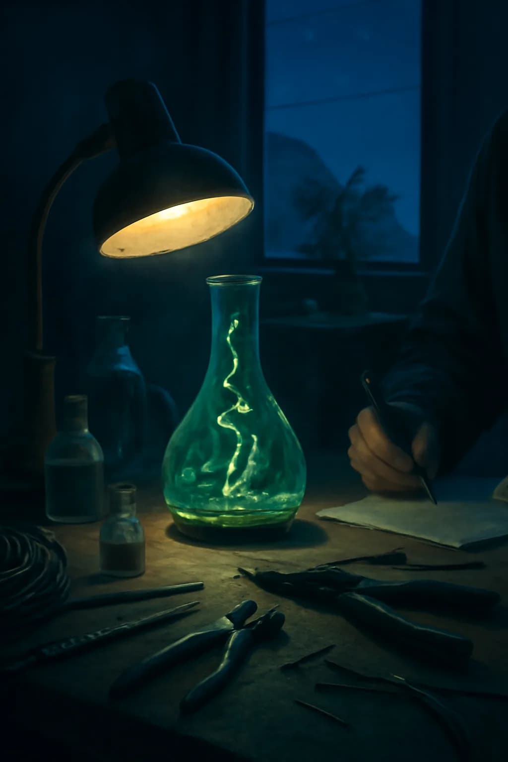 A realistic glass transit station in a desert at sunrise with warm light, long shadows, and a quiet futuristic mood. tight workspace scene with tools or components forming a visual rhythm