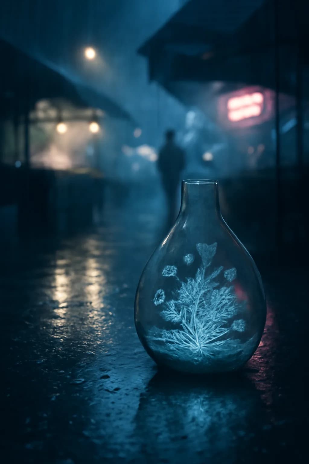 A photorealistic rainy night street market with neon reflections, wet pavement, and a cinematic city glow. a normal place interrupted by one precise weather event