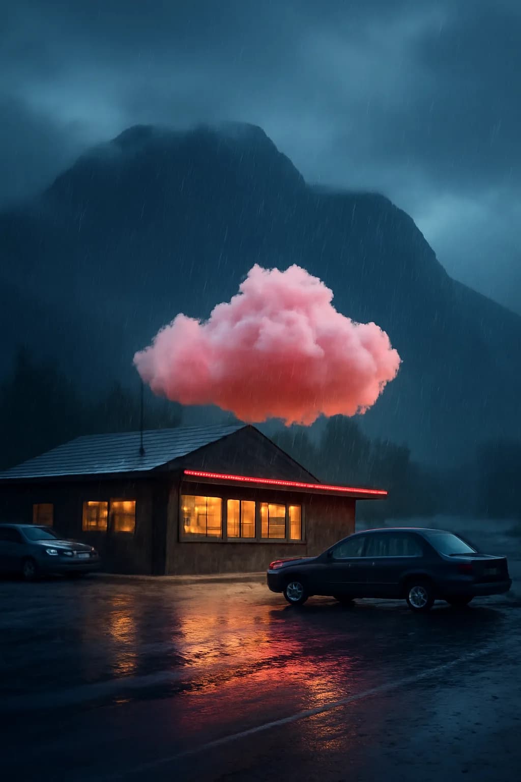 A realistic roadside mountain diner at blue hour with glowing windows, parked cars, mist, and quiet atmosphere. a normal place interrupted by one precise weather event