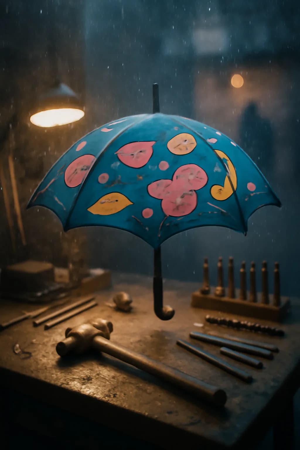 A realistic small workshop at night with warm lamps, precise tools, dust particles, and a cinematic handmade mood. a normal place interrupted by one precise weather event