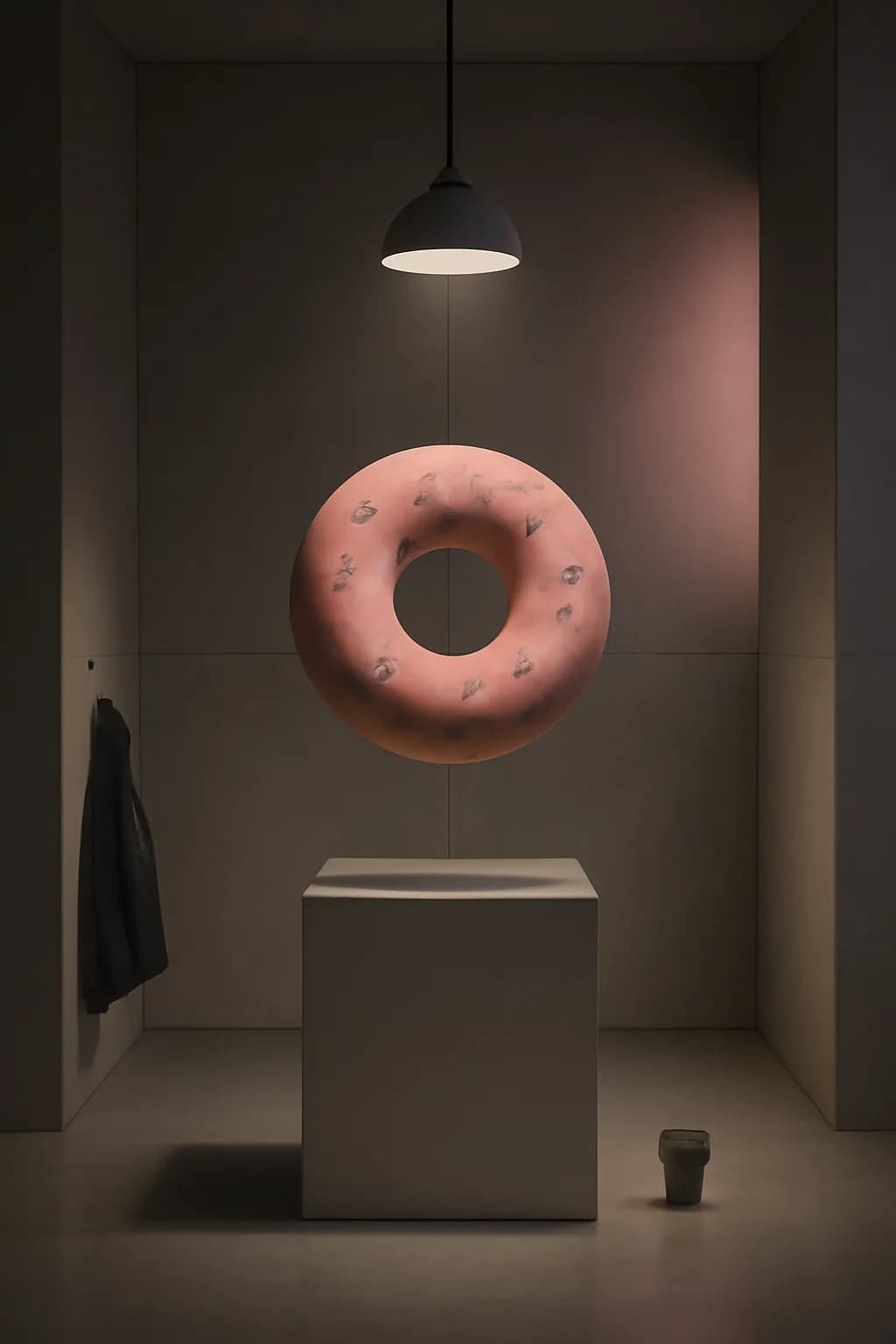 A realistic small workshop at night with warm lamps, precise tools, dust particles, and a cinematic handmade mood. clean architectural geometry with one small emotional detail