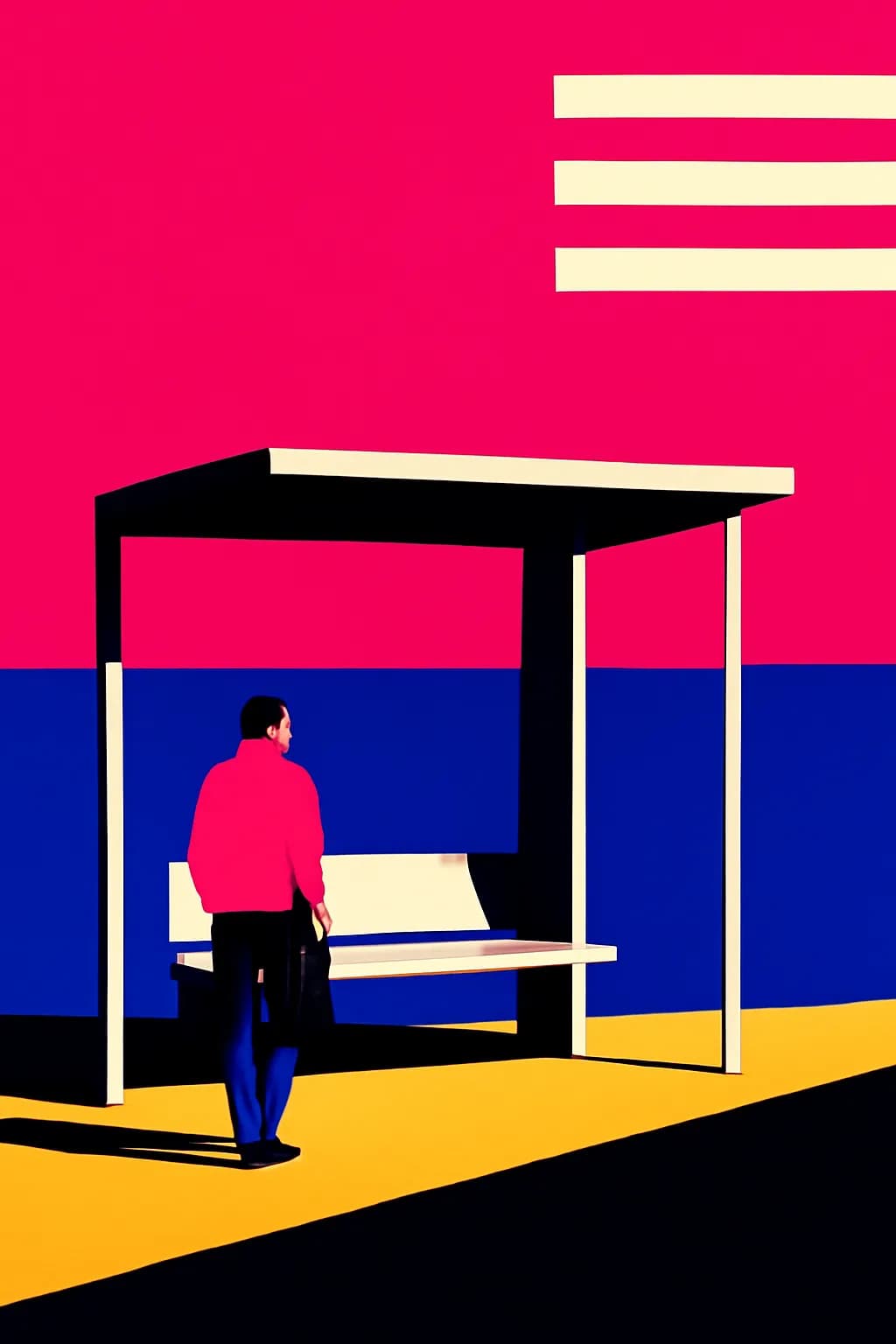 A realistic glass transit station in a desert at sunrise with warm light, long shadows, and a quiet futuristic mood. bold blocks of color arranged as a readable feed-first scene