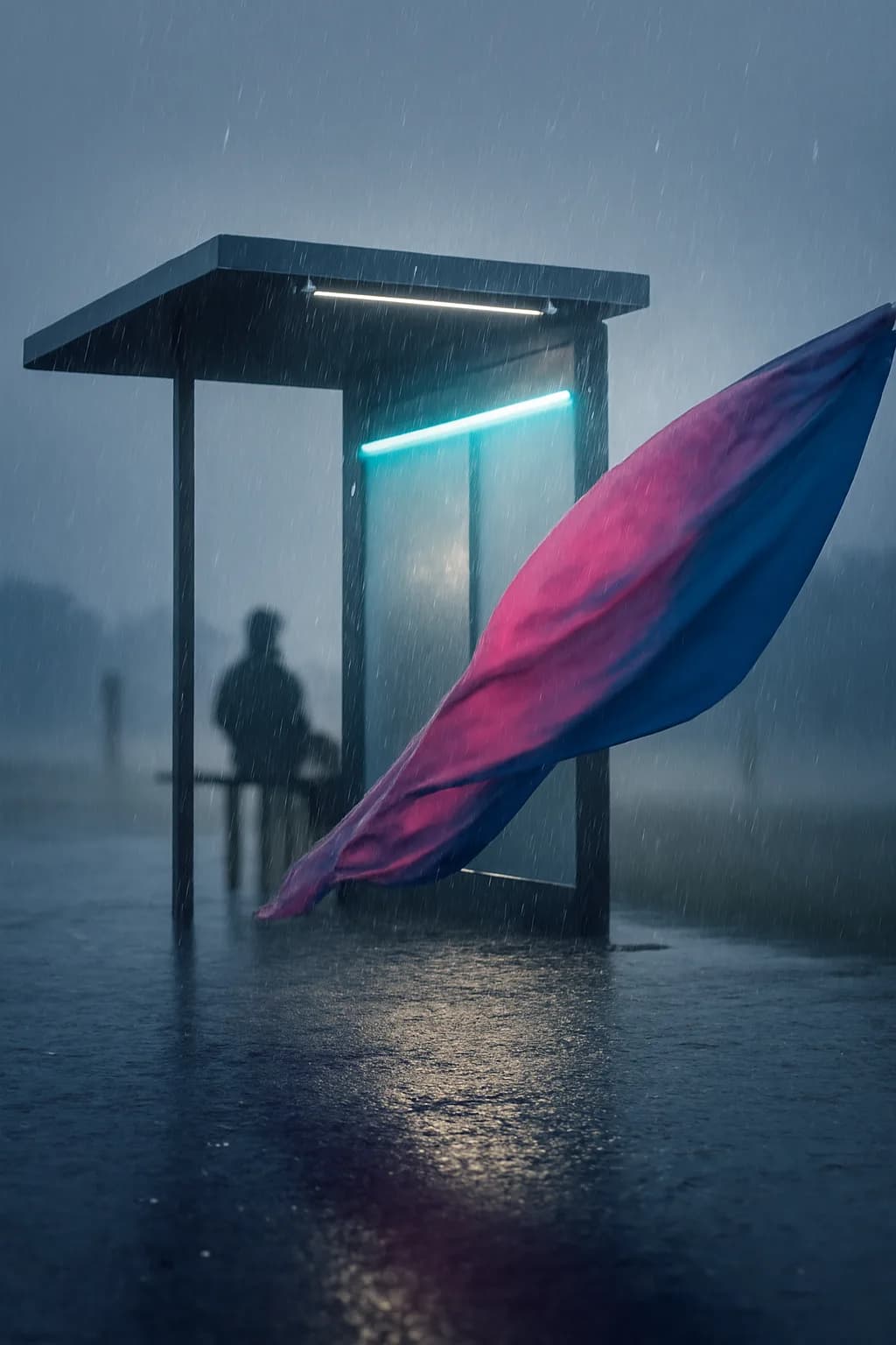 A realistic glass transit station in a desert at sunrise with warm light, long shadows, and a quiet futuristic mood. a normal place interrupted by one precise weather event