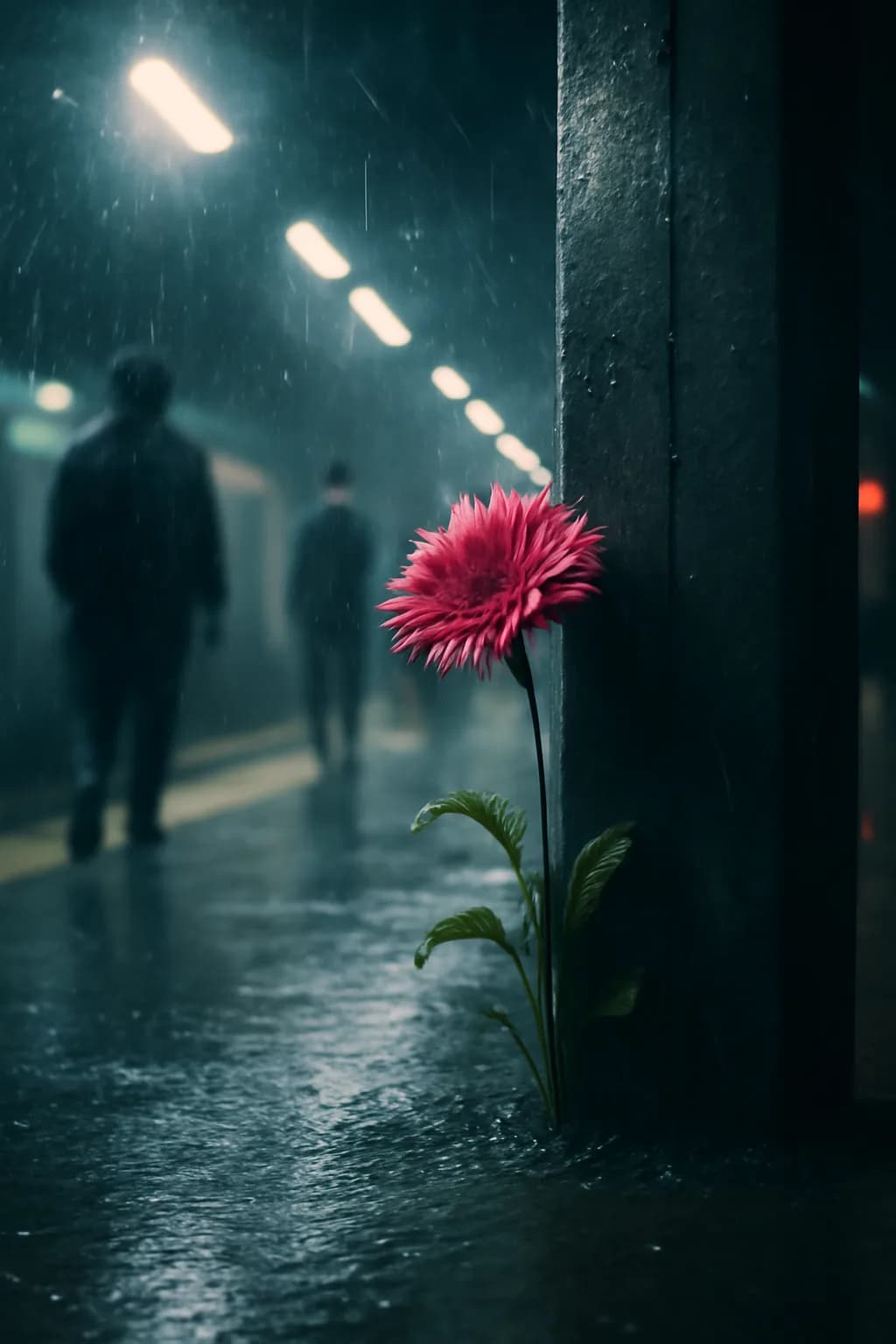 A realistic underground metro platform with a vivid flower installation, moody lighting, and cinematic depth. a normal place interrupted by one precise weather event