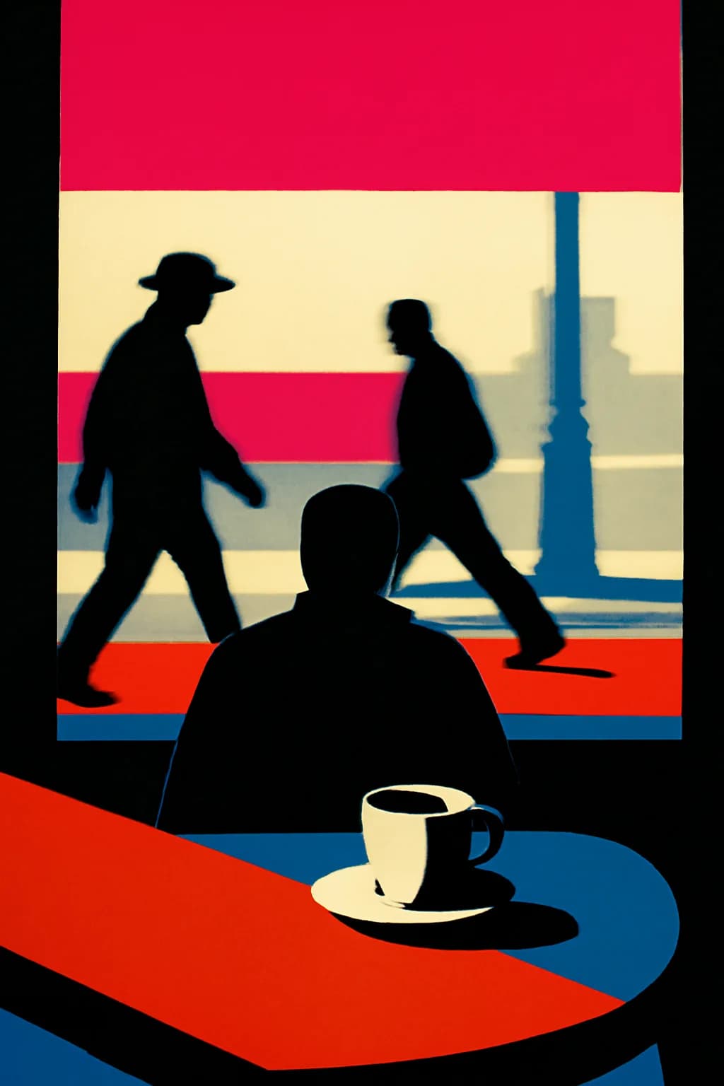 A realistic cafe window at morning rush with layered reflections, coffee cups, pedestrians, and soft street light. bold blocks of color arranged as a readable feed-first scene