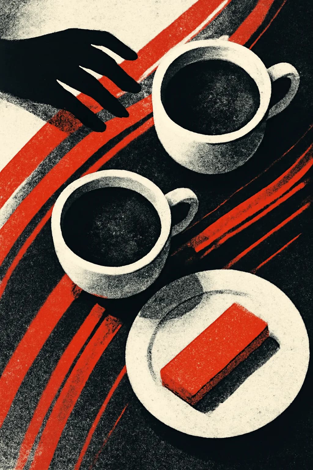 A realistic cafe window at morning rush with layered reflections, coffee cups, pedestrians, and soft street light. top-down scene arranged like a ritual table, each item instantly readable