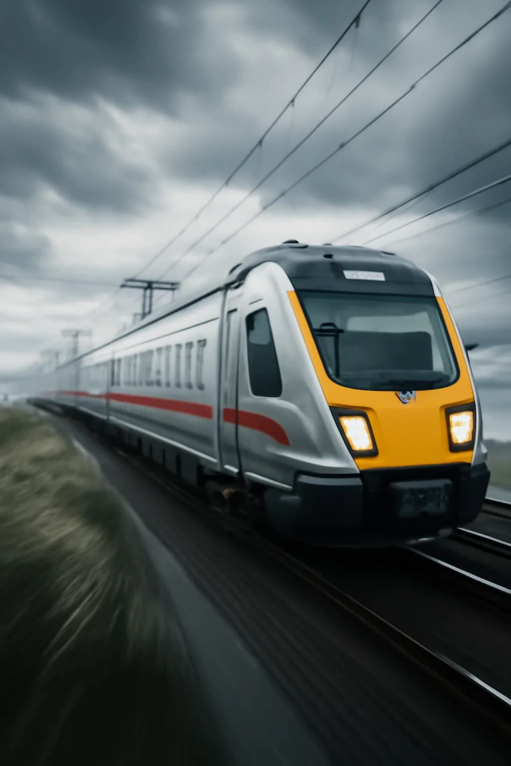 A realistic coastal road with sea spray, wind-shaped grass, dramatic sky, and a clean cinematic composition. a fast transit-adjacent glimpse with strong leading lines
