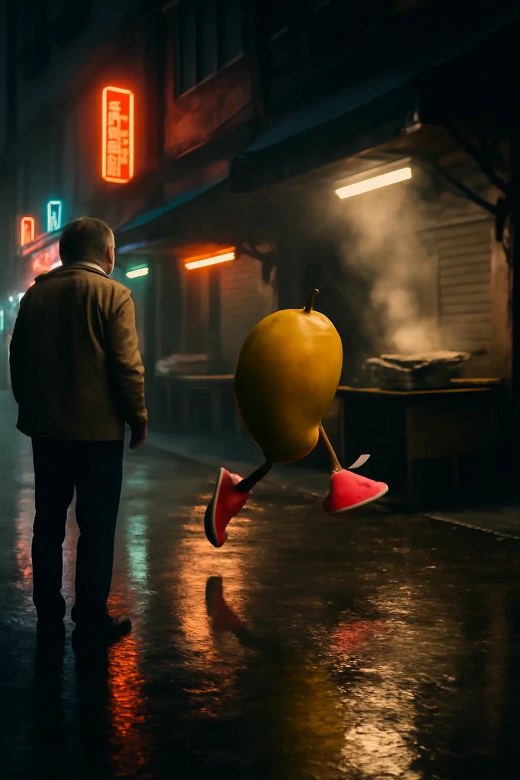 A photorealistic rainy night street market with neon reflections, wet pavement, and a cinematic city glow. one impossible detail inside an otherwise believable everyday scene